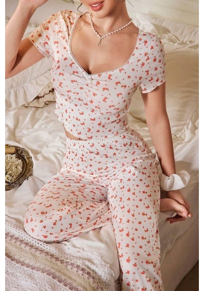 Bella Notte Ekru V Yaka Kısa Kollu Pijama Takımı