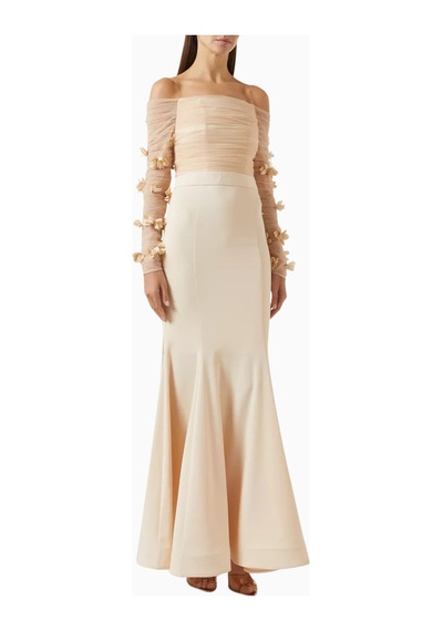 Ronanna Off-shoulder Çiçek Aplikeli Abiye Krem