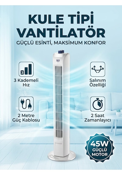 7go 7gtf1 30 İnç Kule Tipi Vantilatör 45w Güçlü Motor, 3 Kademeli Hız, Salınımlı, Zamanlayıcılı To