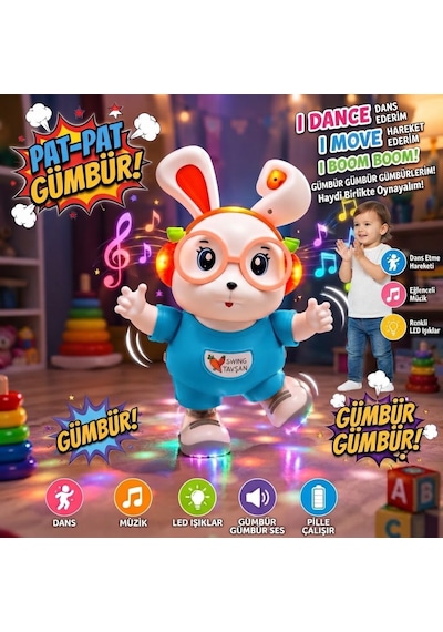 Dans Eden Sevimli Tavşan Elleri Ve Ayakları Haraketli 18 Cm Işıklı Sesli Eğitici Oyuncak Tavşan Turkuaz