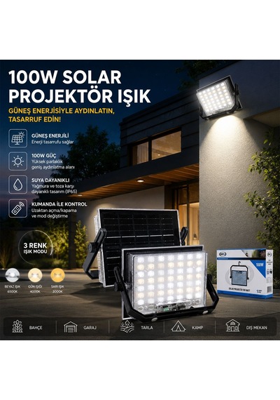 100w Güneş Enerjili Led Işık Solar - Dış Mekan & Kamp Çok Renkli