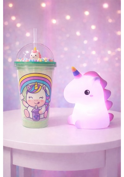2'li Set Işıklı Renkli Unicorn Figürlü Gece Lambası & Pipetli Boncuk Detylı Suluk Bardak Yeşil 450ml Set