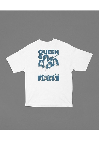 Queen Temalı Baskılı Unisex Tişört, Oversize Müzik Grubu Baskılı Beyaz