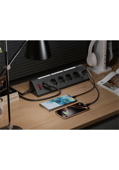 Akım Korumalı 5'li Akıllı Priz 2m Kablo Usb-a Usb-c Gece Işıklı Çoklu Priz 16a 3680w 0