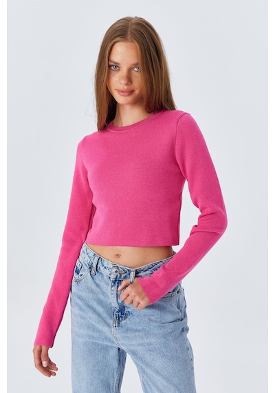 Mixray 6727 Kadın Bisiklet Yaka Crop Triko Kazak Fuşya Fuşya