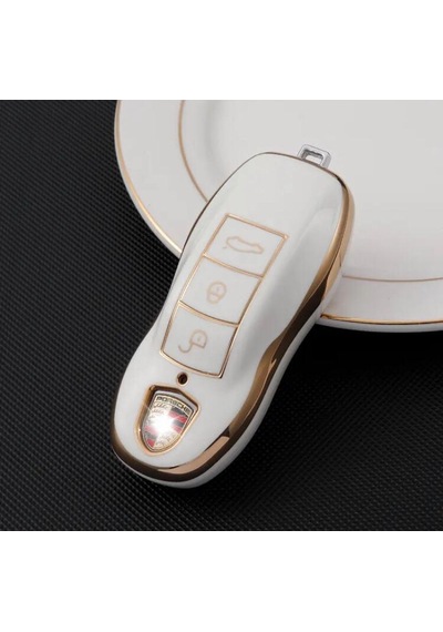Porsche Uyumlu Cayenne Panamera 718 911 Cayman Boxster Anahtar Kılıfı Beyaz - Gold