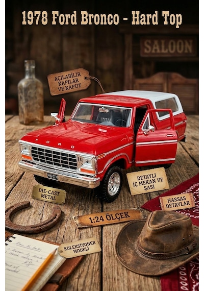 1978 Ford Bronco Hard Top 1:24 Ölçek Die-cast Metal Model Araba - Kırmızı/beyaz - Motor Max Çok Renkli