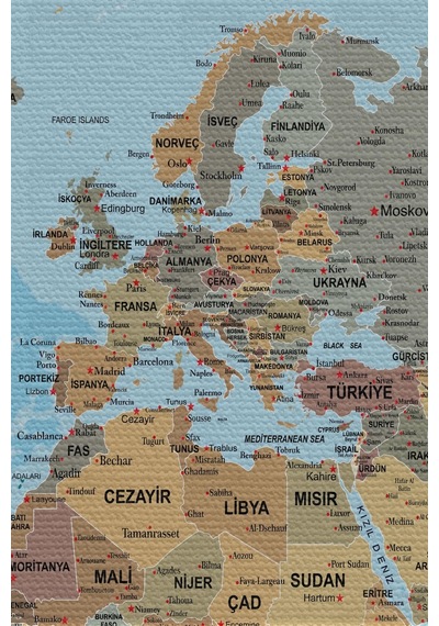 Duvar Örtüsü / Halısı Detaylı Güncel Türkçe Dünya Haritası Kaliteli Kanvas Kumaş-3972