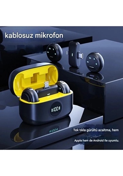 Kablosuz Profesyonel İkili Yayın Yaka Mikrofonu Şarj Kutu Mıknatıslı Typce Lightning Çıkış Mikrofon