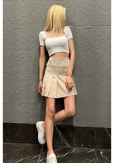 Madmext Bej Çizgili Pileli Kısa Kadın Etek Mg1451 Bej