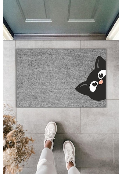 Rugmood Modern Dijital Baskı Paspas - Yandan Bakan Kedi - Kapı Önü Paspası 70x45cm Gri