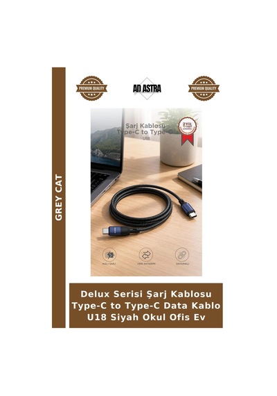Delux Serisi Şarj Kablosu Type-c To Type-c Data Kablo U18 Siyah Okul Ofis Ev