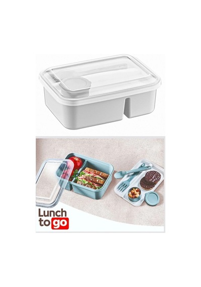 Lunch To Go Bölmeli Beslenme Kutusu Sosluk Hazneli Çatal ve Kaşıklı 920ml 40ml 14,5x20x7,4(H)cm Pudra