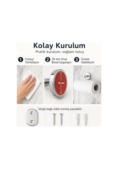 İris Solo Havluluk, Krom Kaplama, Yapışkanlı Ve Vidalı Montaj, 35 Mm Oval Bantlı Rulo Havlu Askısı 4 Renk