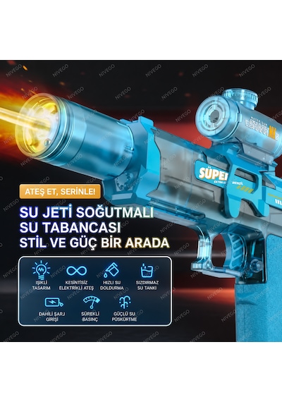Nvg Elektrikli Su Tabancası Çocuk Oyuncak Su Tabancası Işıklı Sürekli Su Püskürtme Şarjlı Su Tanklı 3+ Yaş Mavi-siyah