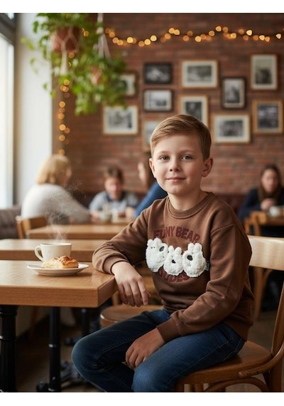 Zekids Erkek Çocuk Peluş Ayıcık İşlemeli Sweatshirt-16393 Kahverengi