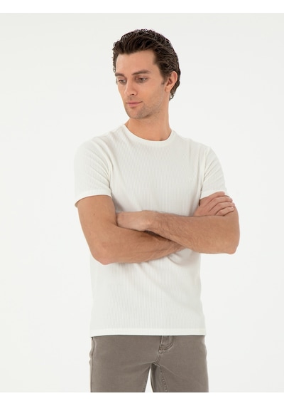 Beyaz Slim Fit Çizgi Dokulu Bisiklet Yaka T-shirt 15841036