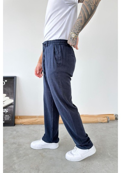 Lacivert Beli Lastikli Keten Pantolon