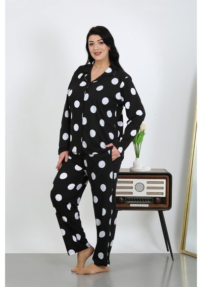 Celira Kadın Büyük Beden Pamuklu Cepli Düğmeli Siyah Pijama Takım 202504 Siyah