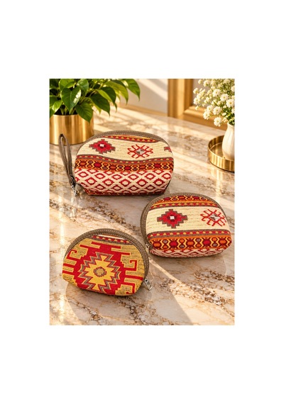 Badufa Home Etnik Kilim Desenli Fermuarlı El Askılı Makyaj Ve Organizer Çantası-3farklı Boy Bej Bej