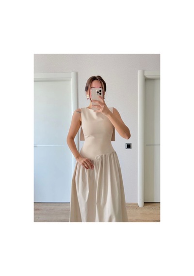Butik İstanbul Arkası Kanatlı Uzun Elbise- Bej