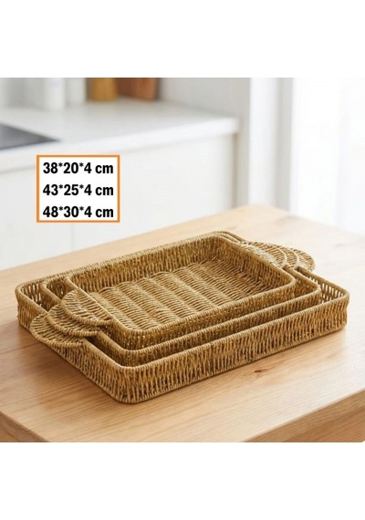 İç İçe Geçebilen 3 Lü Dikdörtgen Plastik Rattan Tepsi Seti Hasır Görünümlü Çok Amaçlı Servis Ve Sunu