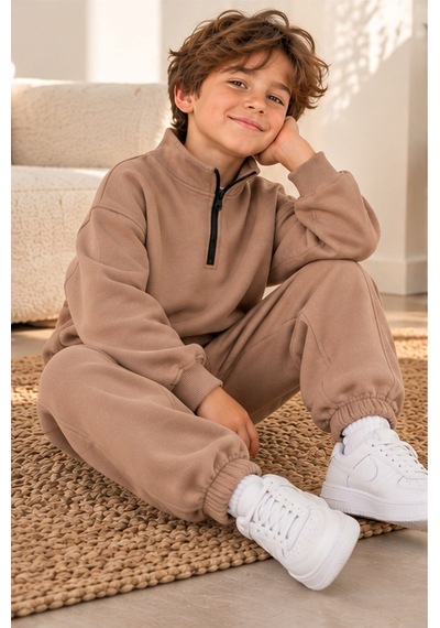 Zuzunga Unisex Çocuk Yarım Fermuarlı Dik Yaka Düz Renk Sweatshirt Ve Eşofman Takımı Bej