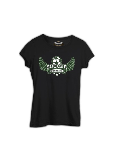 Soccer Ball Champion Siyah Kadın Tshirt 001