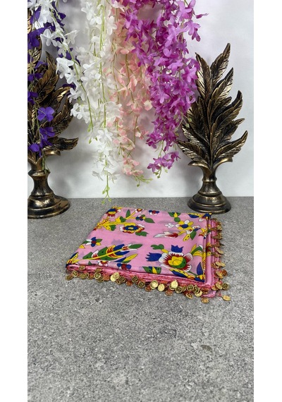 Çengelköy Desenli Pullu Yazma 100x100 Cm Etnik Çiçekli Başörtüsü Çeyizlik Ve Günlük Açık Pembe