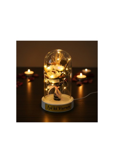2 Adet Gül Buketi Ledli Fanus Led Aydınlatmalı Şeffaf Fanus, Üç Güllü Buket, Masa Komodin Dekor Three Rose Bouquet, Led Decorative Cloche