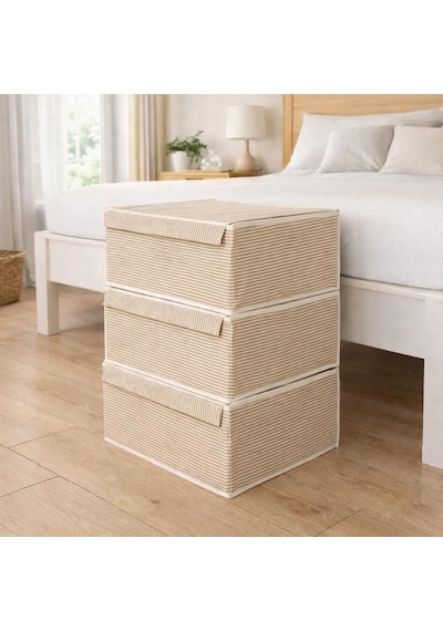 Tr Çok Amaçlı Düzenleyici Kapaklı Sandık Tipi Kutu Hurç Organizer 3 Lü Set Kahverengi, Baza 50 X 40 X 19 Genel
