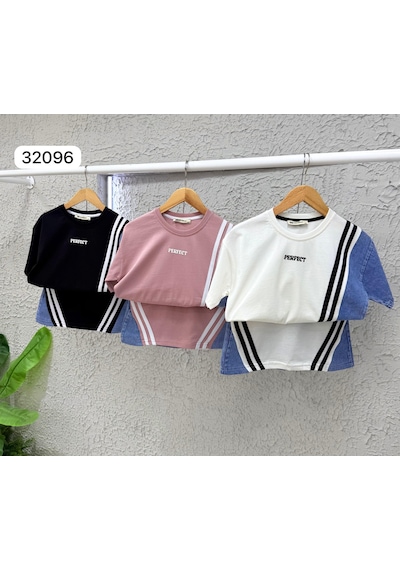 Kız Çocuk Şerit Detaylı Jean Garnili Etekli Takım Spor Şık 2 Li Takım 32096-b Beyaz