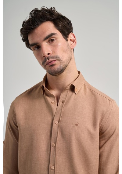 İmza Camel Kısalabilir Kol Düz Gabardin Düğmeli Yaka Cepsiz Casual Slim Fit Gömlek 1004250124 595 Camel