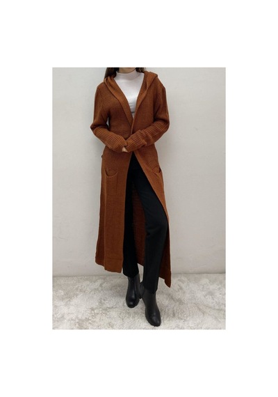 Onno Style Women Selanik Kapşonlu Uzun Hırka Kiremit