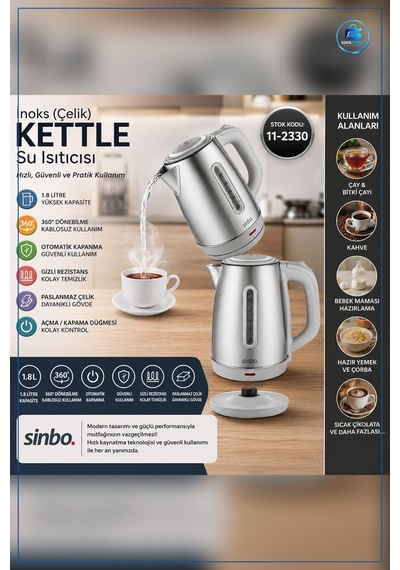 Kablosuz Su Isıtıcı Paslanmaz Çelik 1.8l Kettle Döner Taban Oto