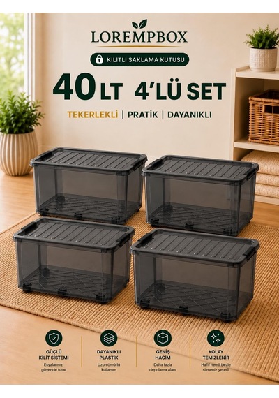 Lorempbox 40 L Tekerlekli Kilitli Saklama Kutusu 4'lü Set Antrasit Diğer