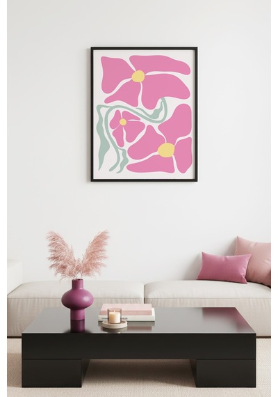 Doğal Ahşap Çerçeveli Retro Çiçek Desenli Tablo - Pastel Pembe Floral Huhu2776