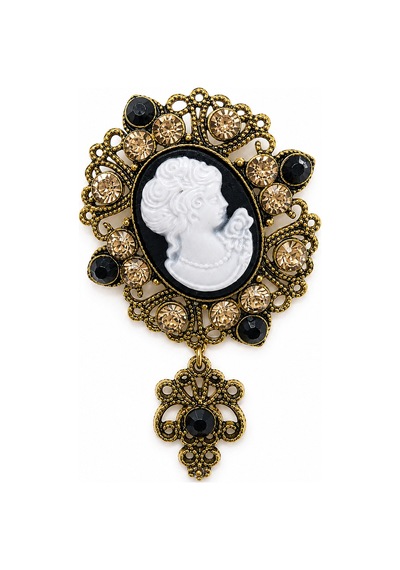 Vintage Cameo Kadın Silüet Tasarımlı Taşlı Antik Görünümlü Zarif Broş Açık Gri