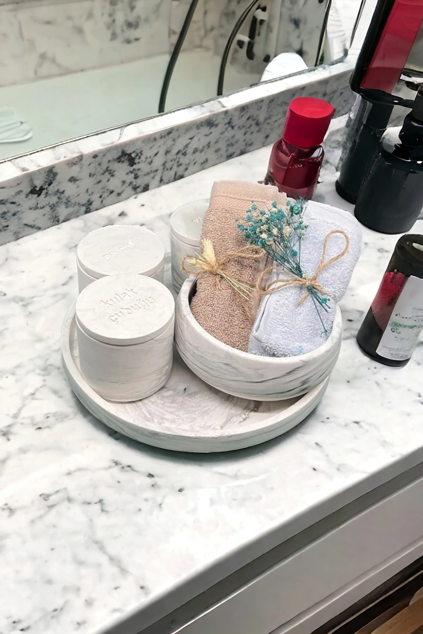 Marble Serisi Havluluk Ve Organizerli Beton Banyo Seti Gri