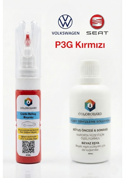 Volkswagen Seat Lp3g Kırmızı İğneli & Fırçalı Şişe Rötuş Boyası Ve Yüzey Temizleme Solüsyonu Seti
