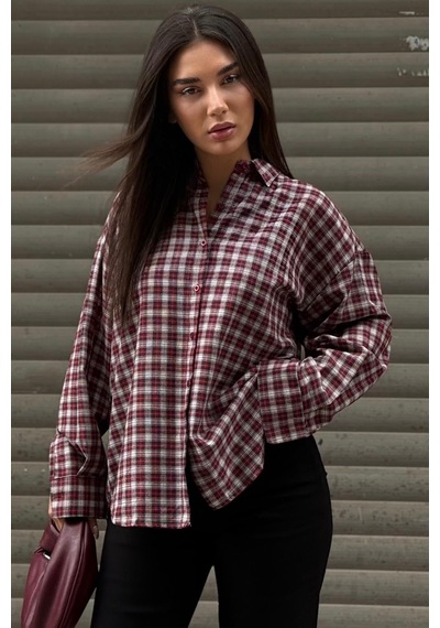 Madmext Kırmızı Oversize Kareli Kadın Gömlek Mg2822