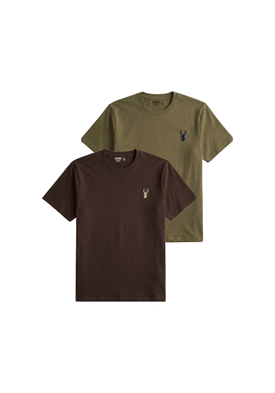 Genius Store Erkek Siyah Tişört %100 Pamuk Süprem Basic Tişört Bisiklet Yaka Nakışlı T-shirt Erkek-2li Kahverengi-haki