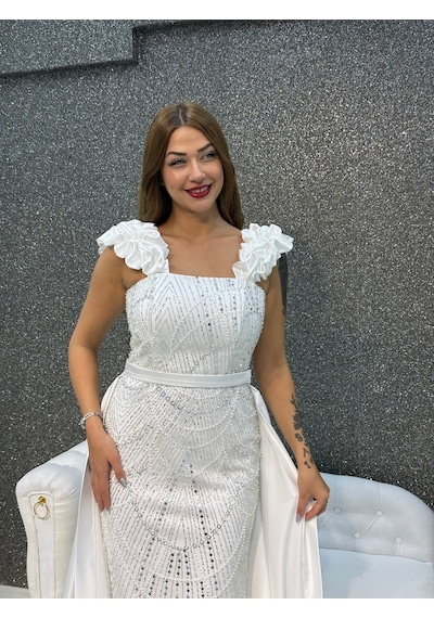 E&a Eren Abiye Olive Kalın Askılı Incı Islemelı Pelerınlı Balık Abıye Beyaz