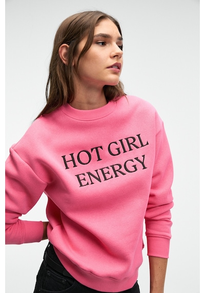 Grımelange ISOLUNE Kadın Yaka Nakış Detaylı Oversize Bisiklet Yaka Pembe Sweatshirt