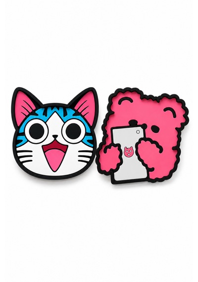 Kemboss Happy Kedi Ve Pembe Ayıcık Bardak Altlığı Seti 4'lü - Pvc Kaydırmaz Bardak Altlığı 2 Happy Kedi + 2 Pembe Ayıcık Çok Renkli