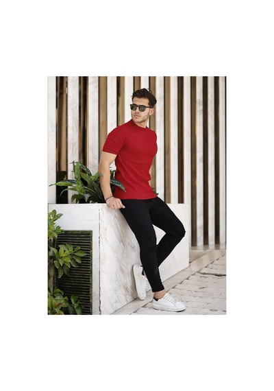Cool Tarz Kırmızı Erkek Yuvarlak Yaka Örme T-shirt Kırmızı Kırmızı