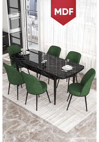 Canisa Kor Serisi, Siyah Mermer Desen MDF 70x114 Açılabilir Yemek Masası Takımı, 6 Sandalye Masa Siyah Mermer Desen Sandalye Haki Canisa Kor Serisi, Siyah Mermer Desen MDF 70x114 Açılabilir Yemek Masası Takımı, 6 Sandalye Masa Siyah Mermer Desen Sandalye Haki