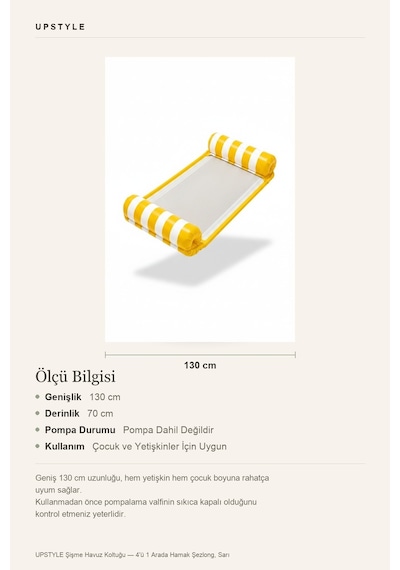 Oglo 4'ü 1 Arada Şişme Havuz Koltuğu Hava Yastıklı Fileli Deniz Yatağı Sarı