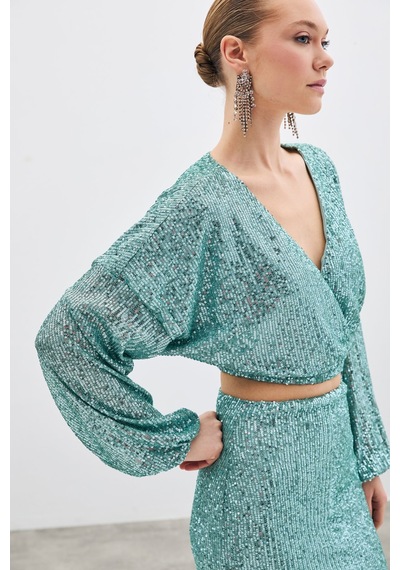 Sateen Payetli Kruvaze Bluz - Mint-135411 Mint