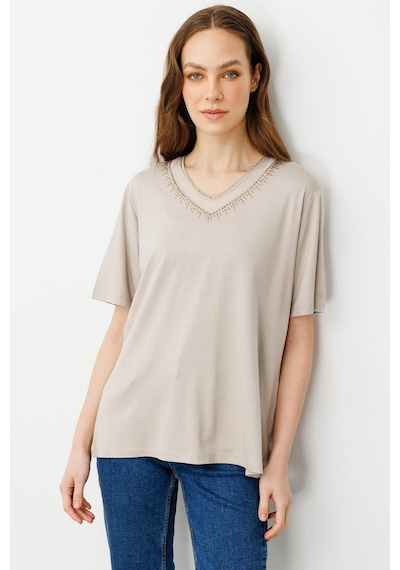 Kadın V Yaka Yakası Taşlı Penye T-shirt Bej Bej